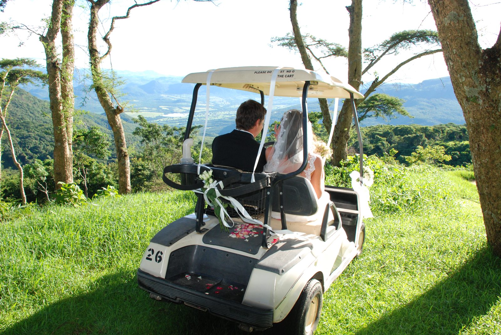 Bride and groom in a golf cart